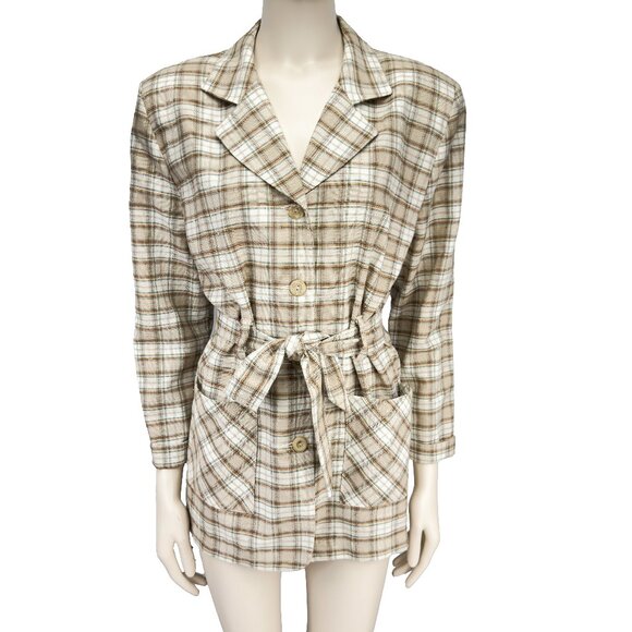 VINTAGE Plaid Belted Academia Canada Beige Red Brown Sage Light Blazer M - Picture 1 of 8